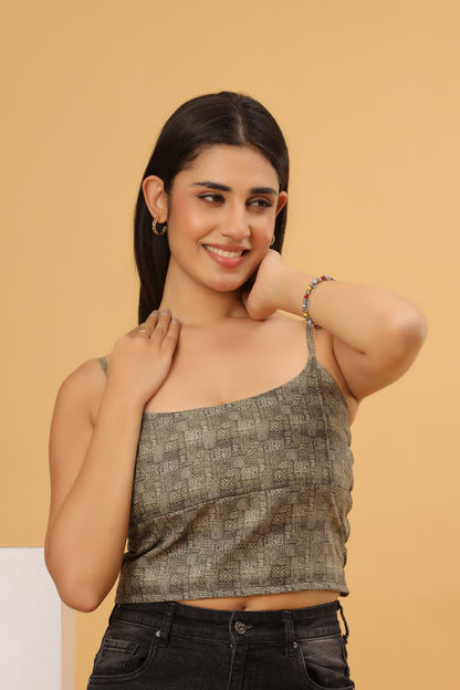 Olive Grey Printed Strappy Crop Top