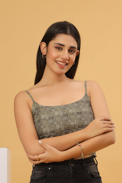 Olive Grey Printed Strappy Crop Top