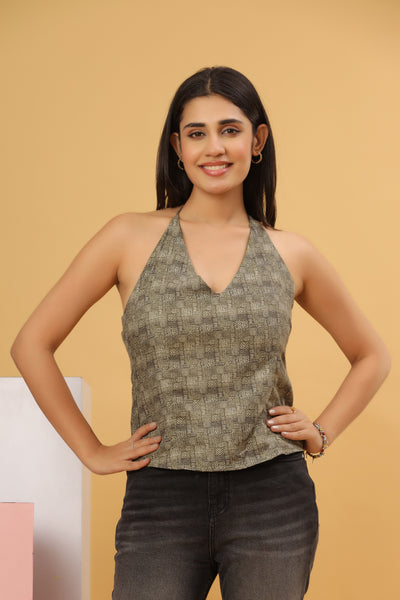 Olive Grey Printed Halter Neck Top