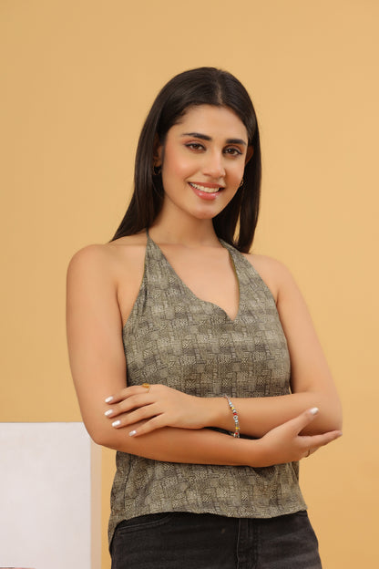 Olive Grey Printed Halter Neck Top