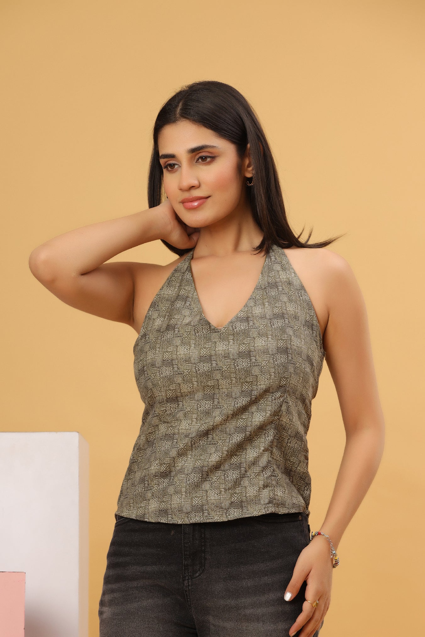 Olive Grey Printed Halter Neck Top