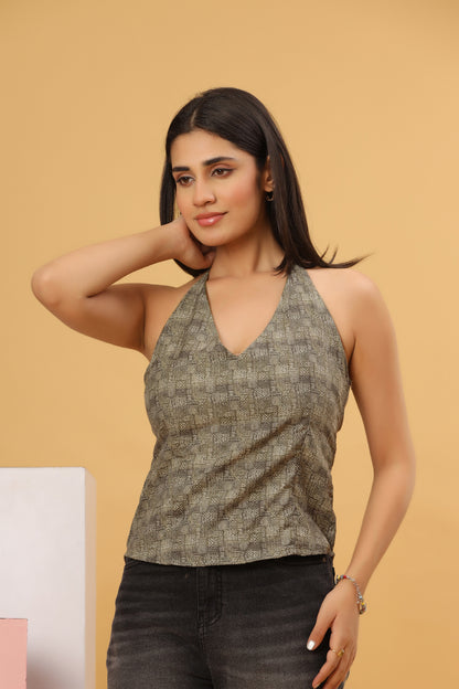 Olive Grey Printed Halter Neck Top