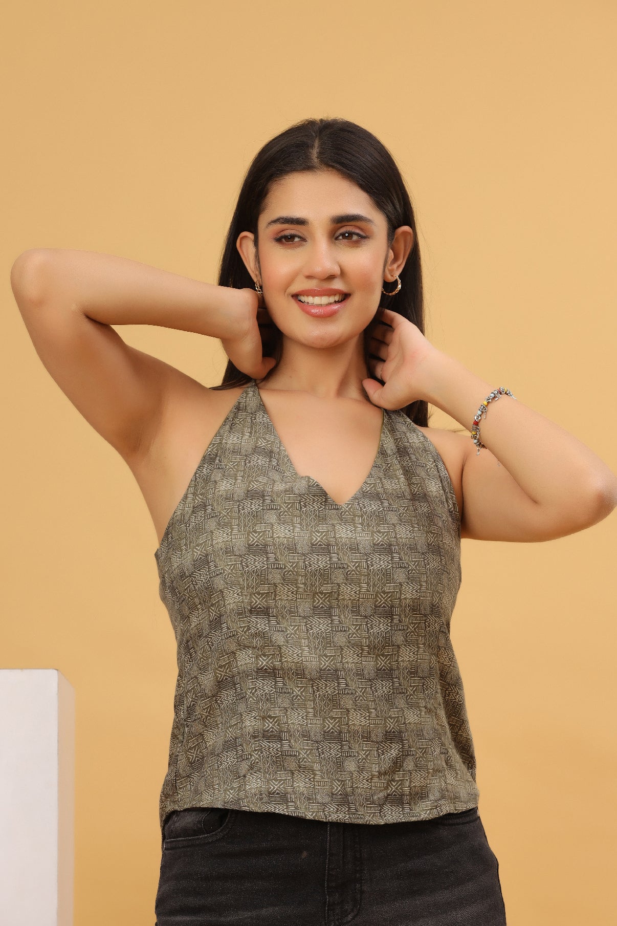 Olive Grey Printed Halter Neck Top
