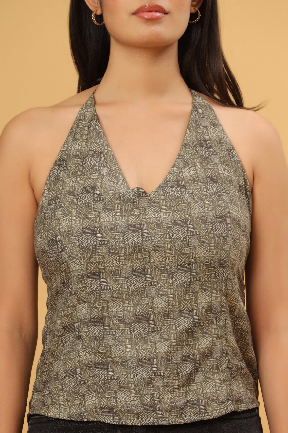Olive Grey Printed Halter Neck Top