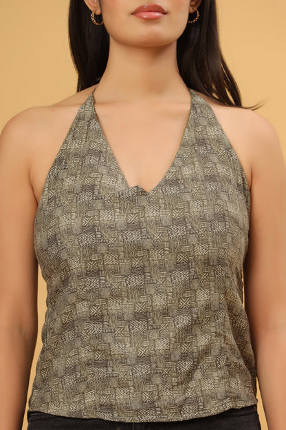 Olive Grey Printed Halter Neck Top
