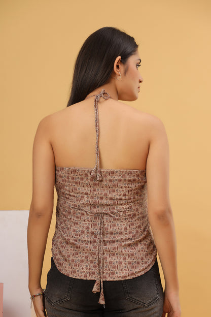 Beige Printed Halter Neck Top
