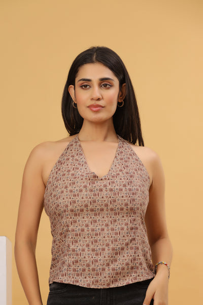 Beige Printed Halter Neck Top