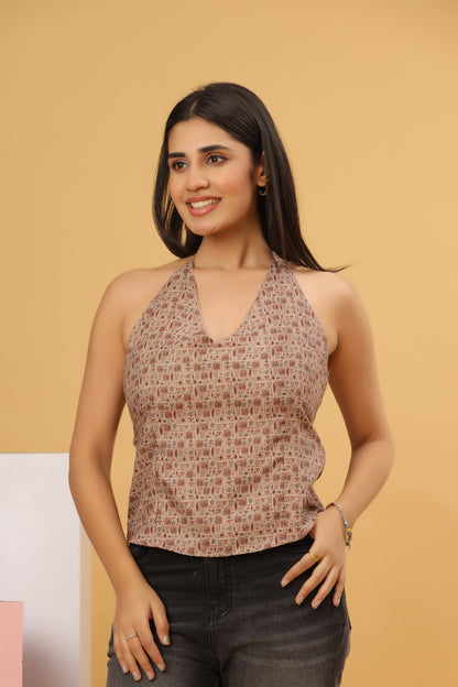 Beige Printed Halter Neck Top