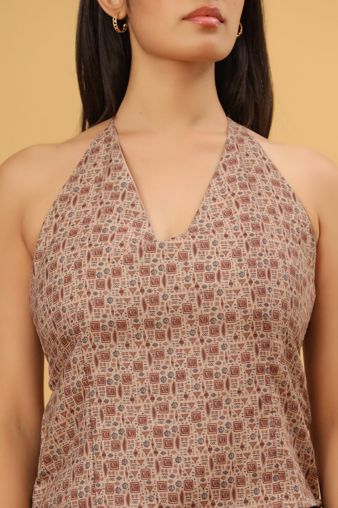 Beige Printed Halter Neck Top