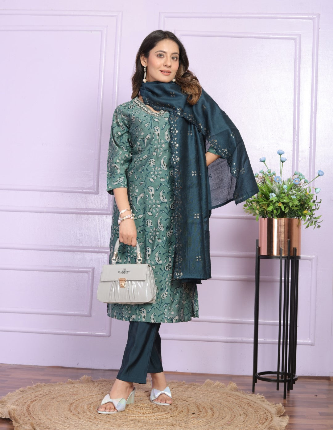 Buy Rama Green Modal Silk V-Neck Dupatta Set Outfit Online