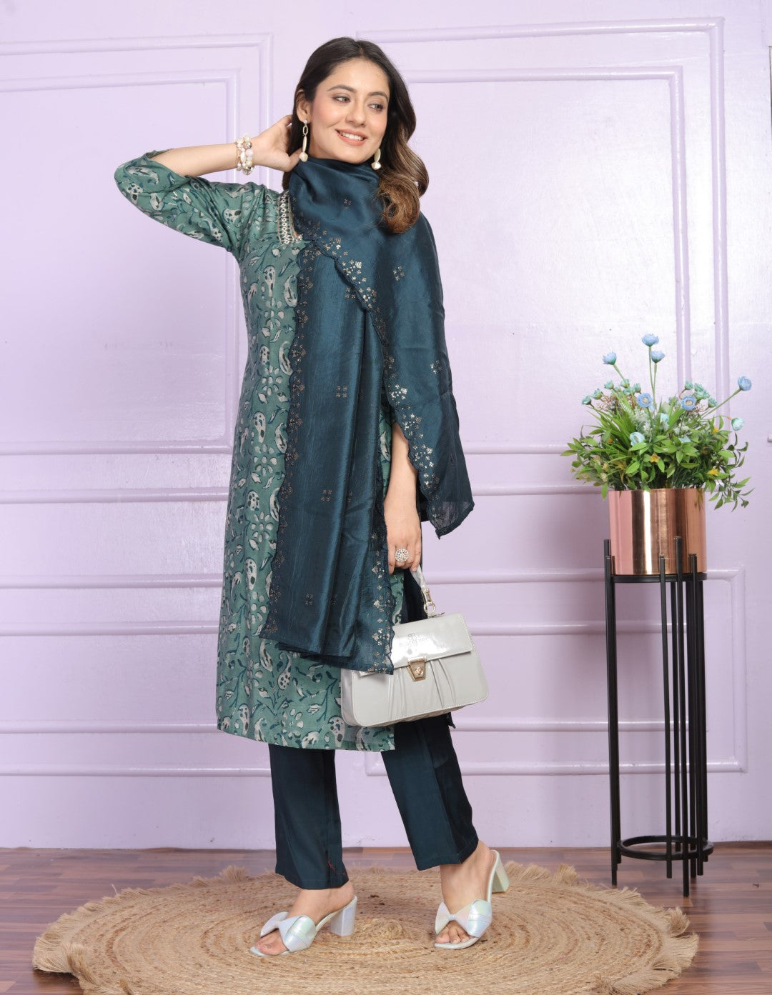 Buy Rama Green Modal Silk V-Neck Dupatta Set Outfit Online