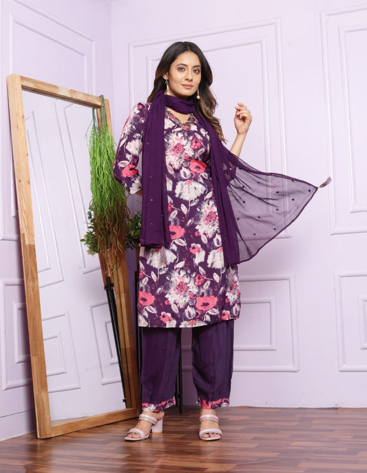 Floral Muslin Afghani Pant Set with Dupatta | Vaanya Kurtis