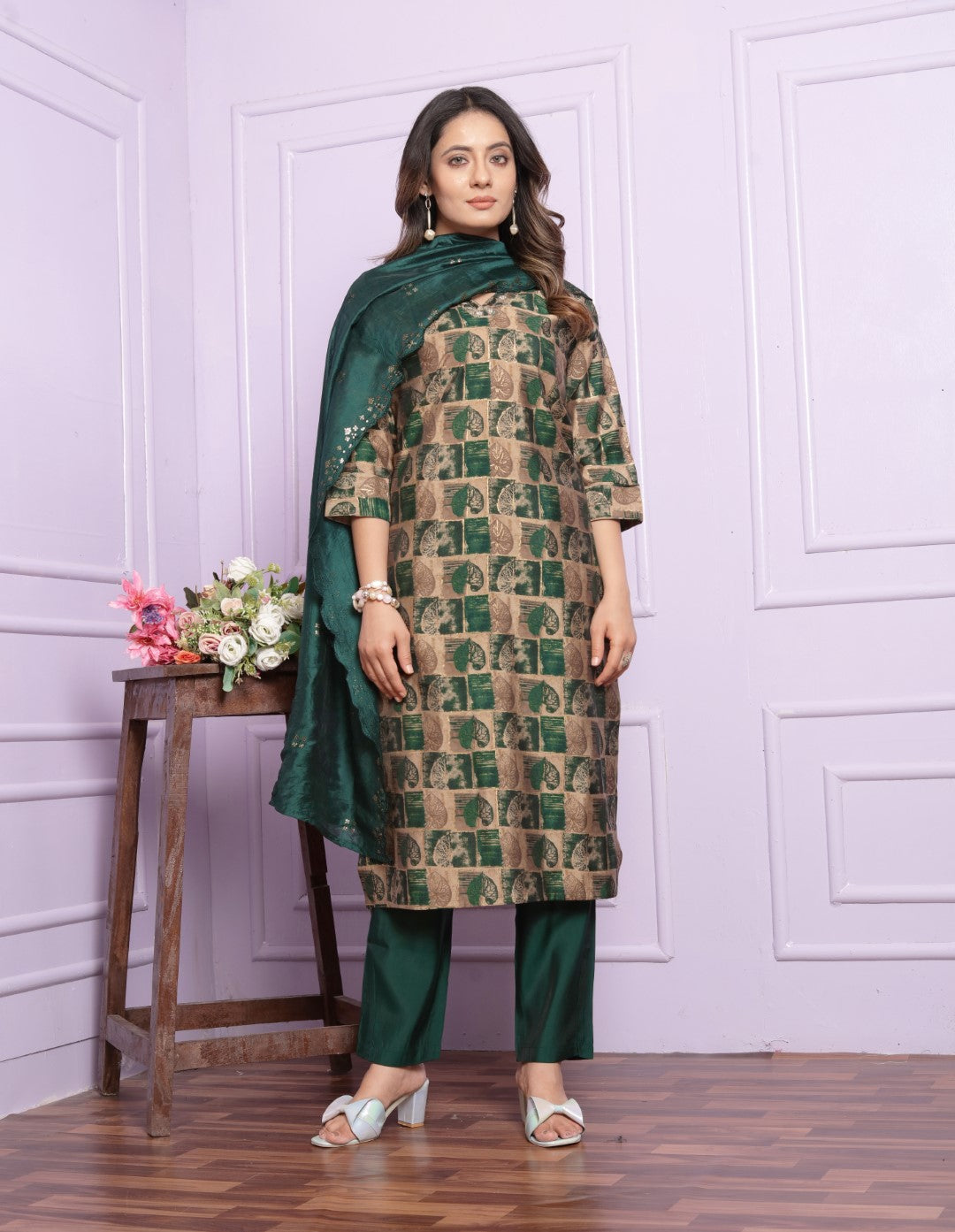 Buy Green Elegant Modal Silk Straight Pant Set Online