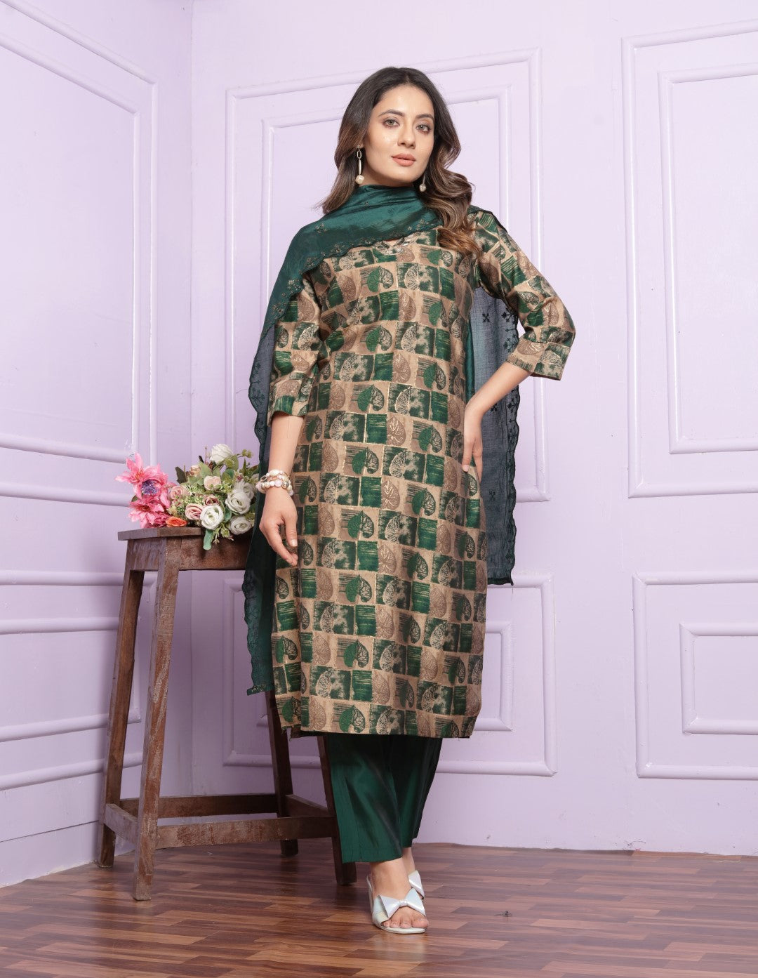 Buy Green Elegant Modal Silk Straight Pant Set Online