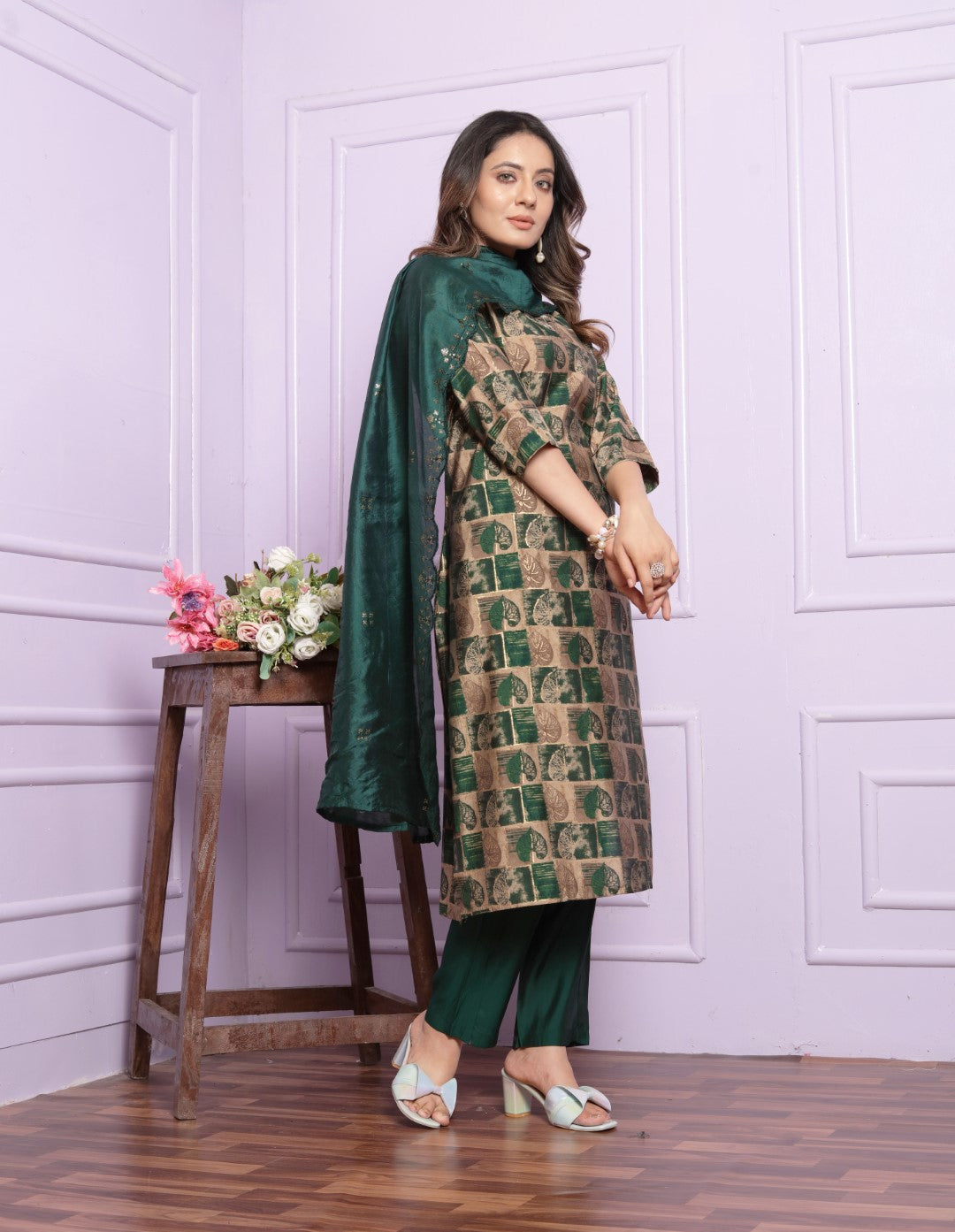 Buy Green Elegant Modal Silk Straight Pant Set Online