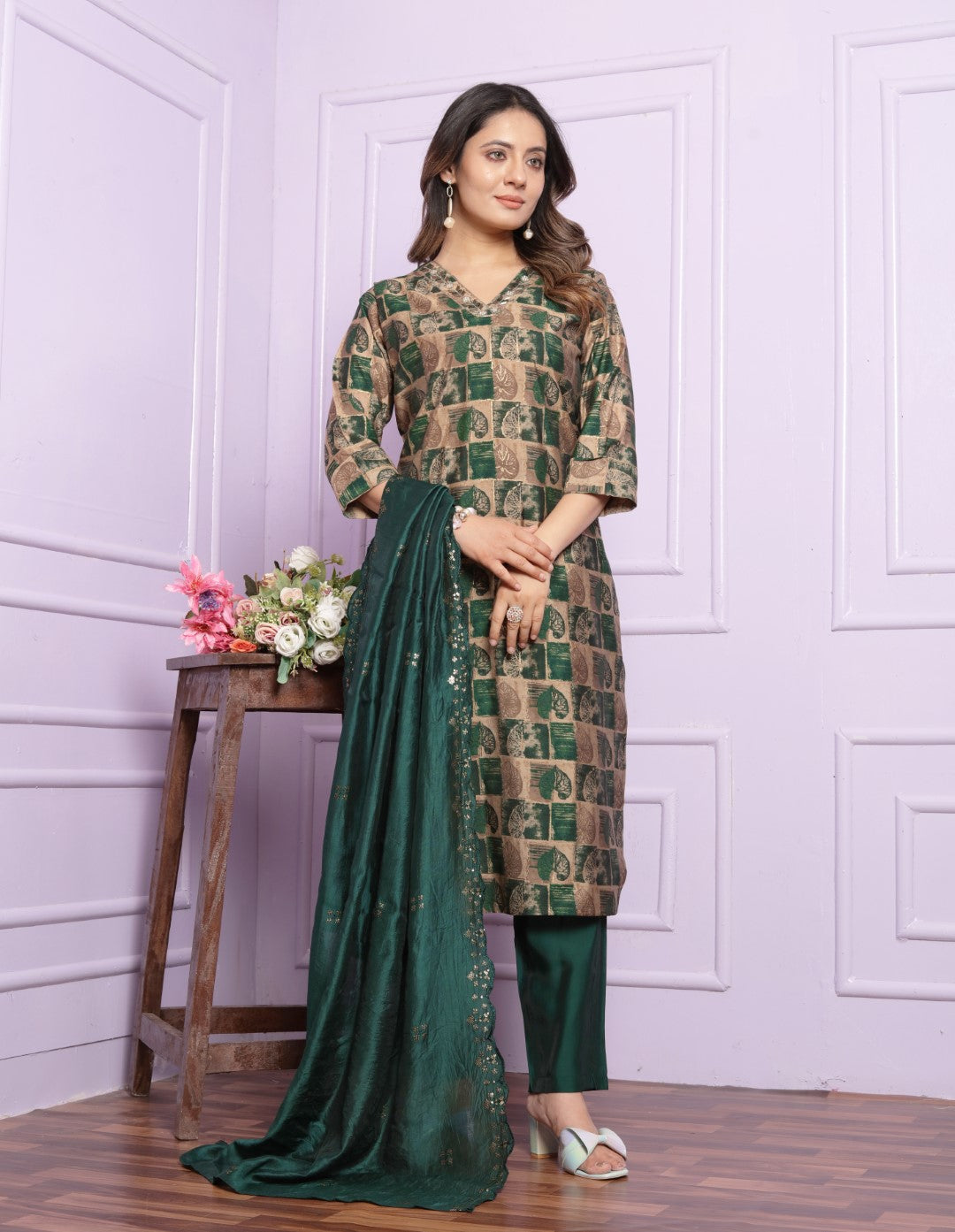 Buy Green Elegant Modal Silk Straight Pant Set Online