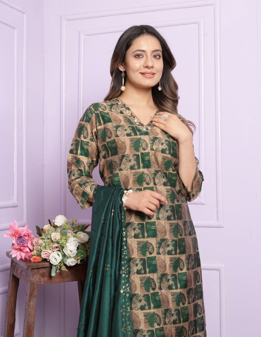 Buy Green Elegant Modal Silk Straight Pant Set Online