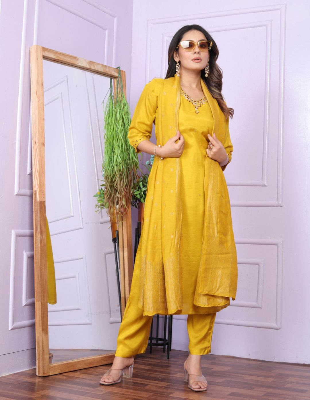 Buy Elegant Mustard Viscose Muslin Pant Dupatta Set Outfit