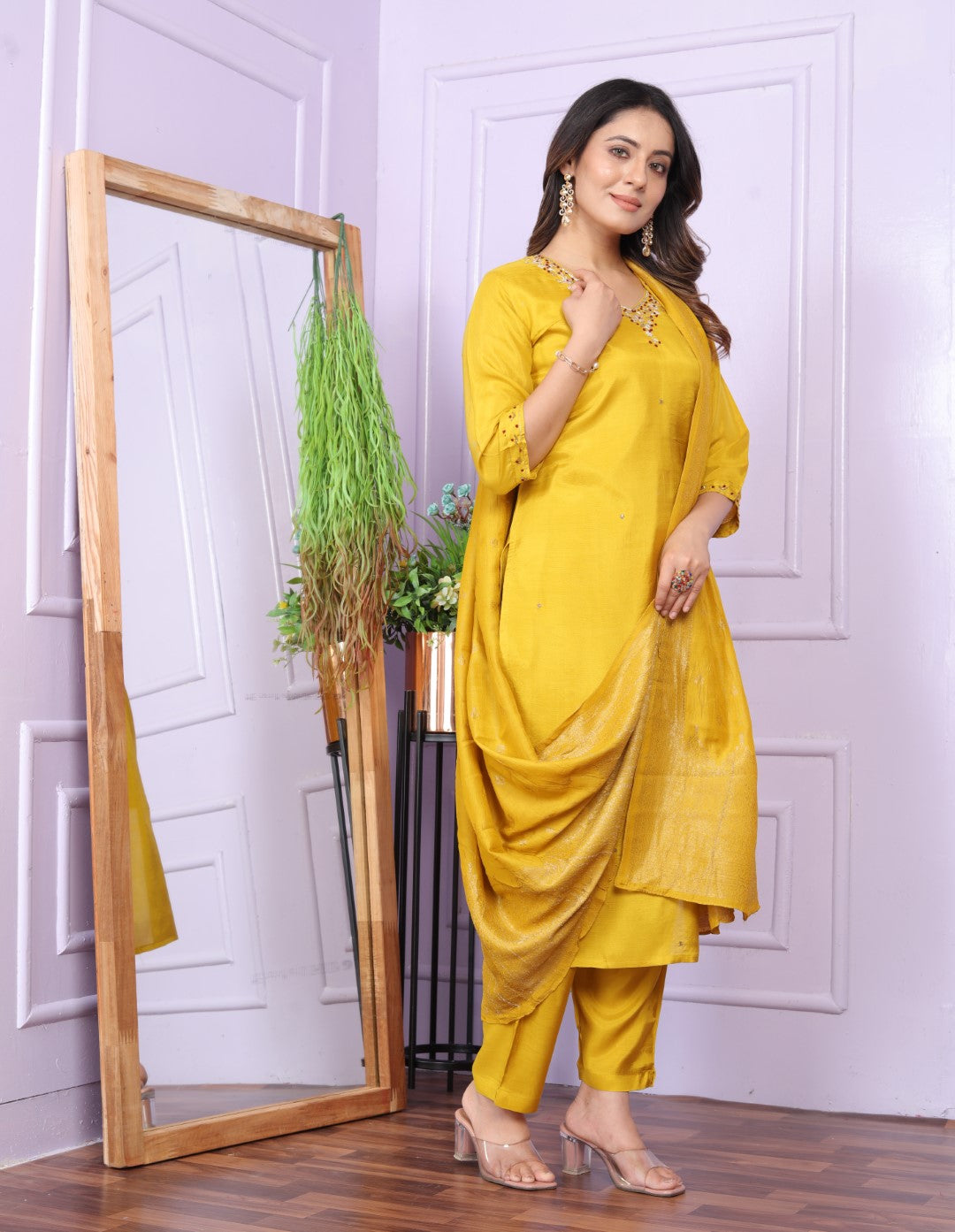 Buy Elegant Mustard Viscose Muslin Pant Dupatta Set Outfit