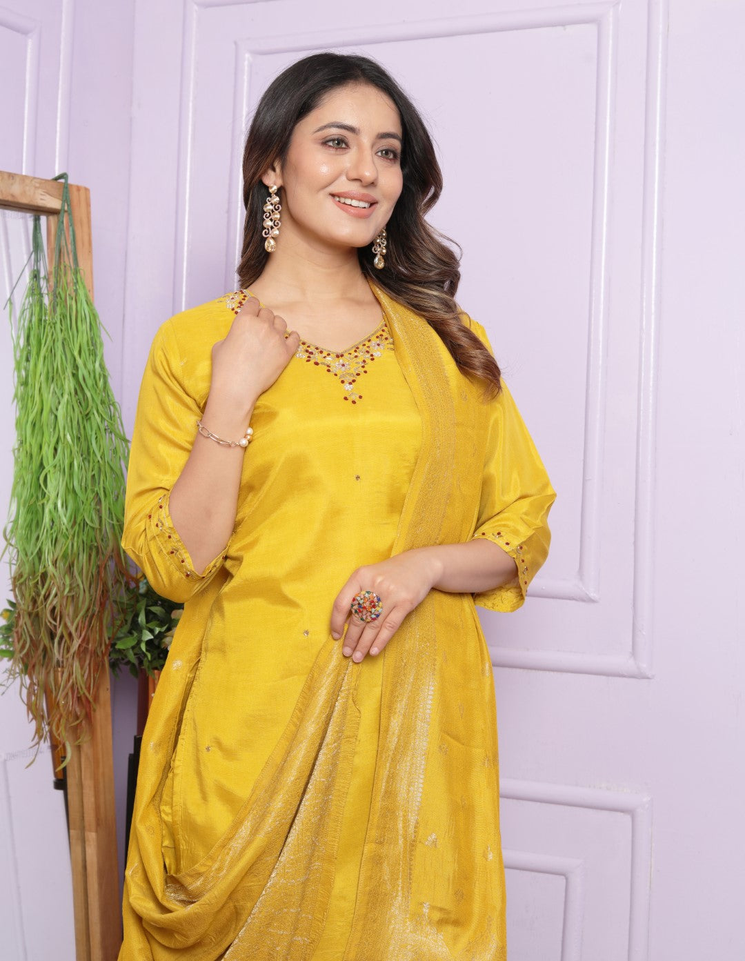 Buy Elegant Mustard Viscose Muslin Pant Dupatta Set Outfit