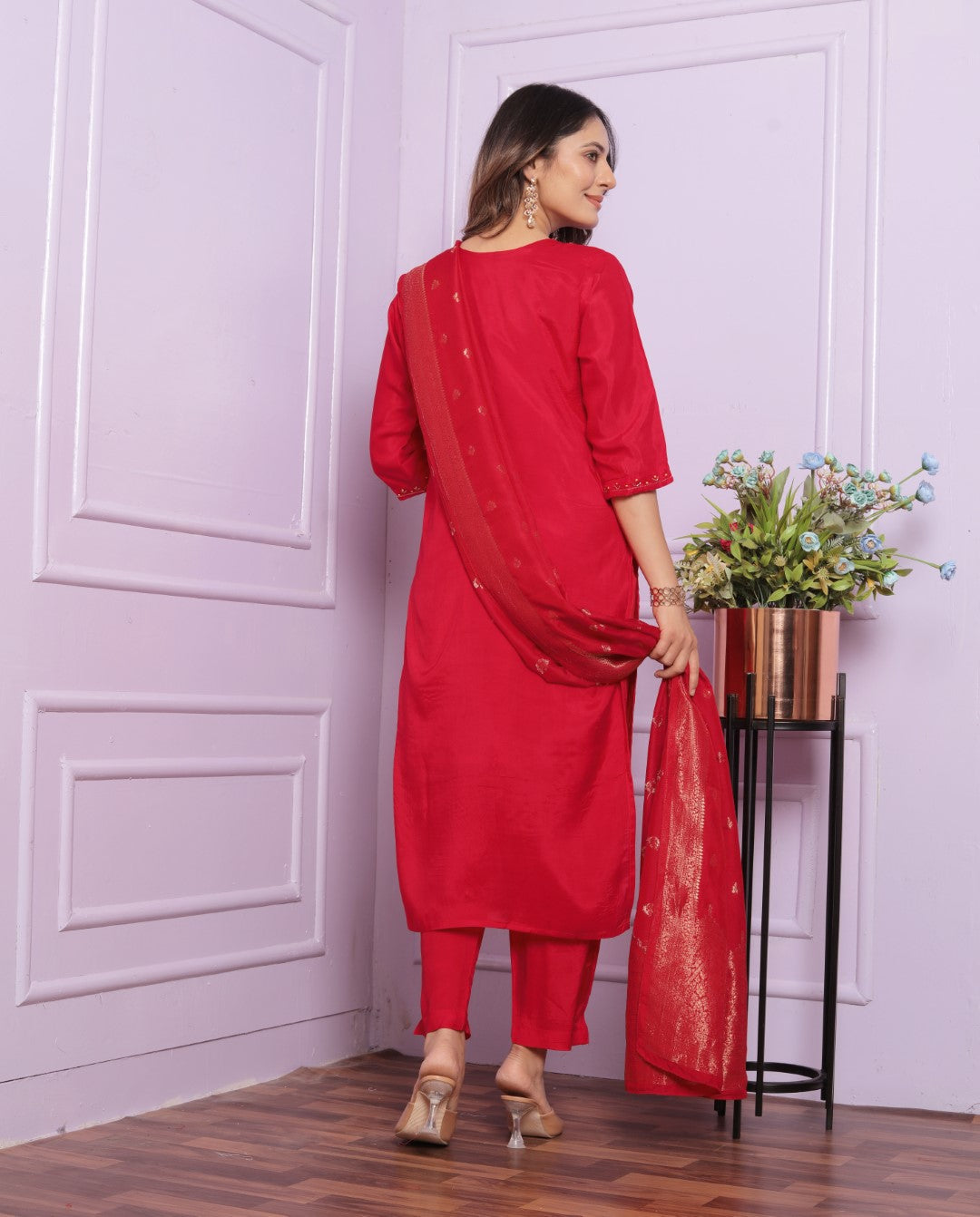 Buy Festive Red Muslin Pant Outfit Set Online | Vaanya Kurtis