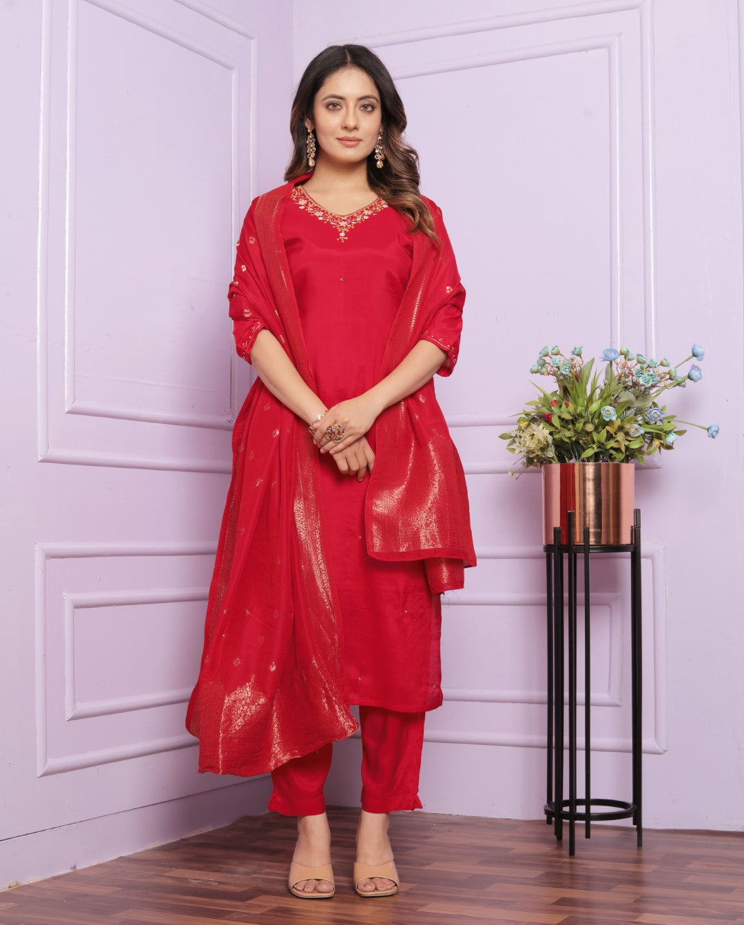 Buy Festive Red Muslin Pant Outfit Set Online | Vaanya Kurtis