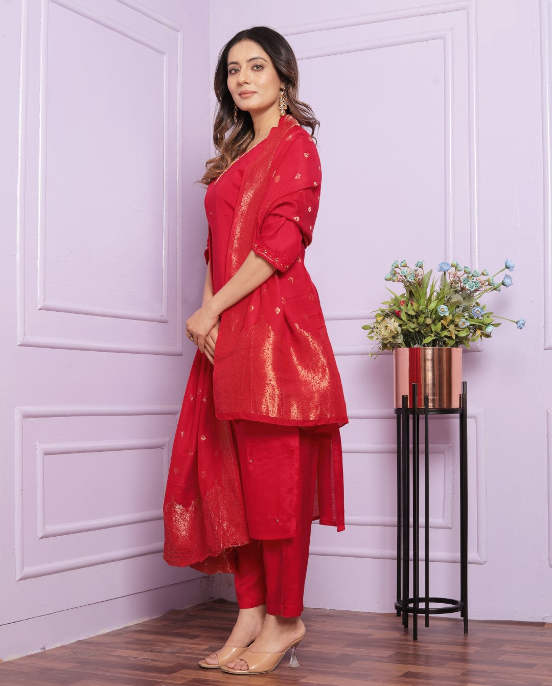 Buy Festive Red Muslin Pant Outfit Set Online | Vaanya Kurtis