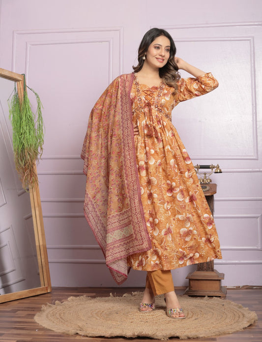 Buy Mustard Cotton Kurti with Pant & Dupatta | Digital Print