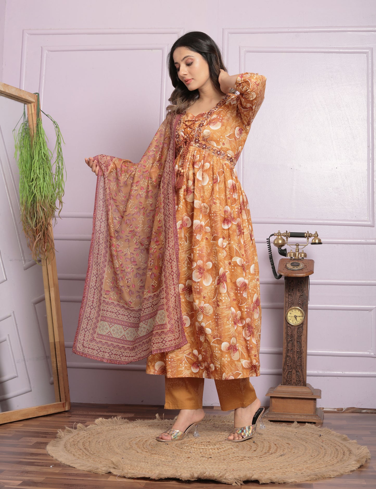 Buy Mustard Cotton Kurti with Pant & Dupatta | Digital Print