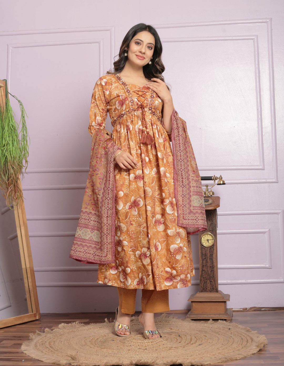 Buy Mustard Cotton Kurti with Pant & Dupatta | Digital Print