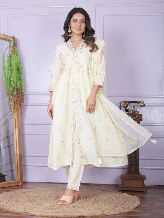 Shop Cream Cotton Dupatta Set Online | Vaanya Kurtis