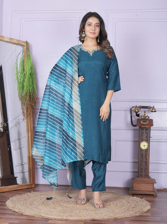 Buy Fashionable Blue Muslin Pant Outfit Set | Vaanya Kurtis