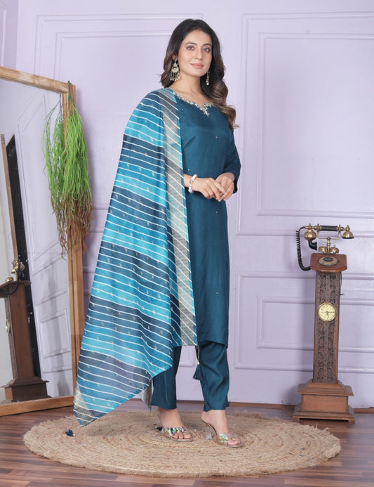 Buy Fashionable Blue Muslin Pant Outfit Set | Vaanya Kurtis