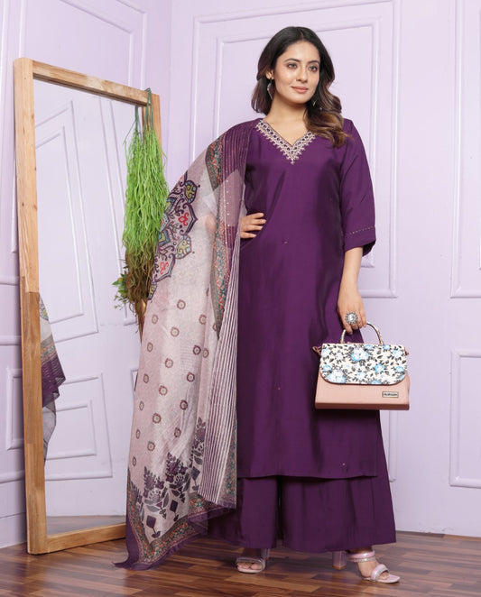 Buy Wine Trendy V-Neck Kurta with Straight Pant Set Online