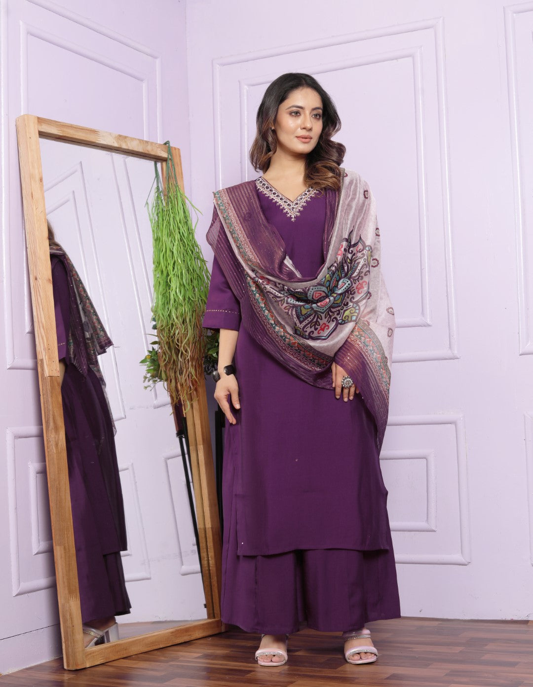 Buy Wine Trendy V-Neck Kurta with Straight Pant Set Online