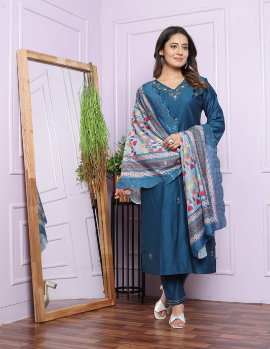 Buy Navy Blue V-Neck Muslin Kurti with Organza Dupatta