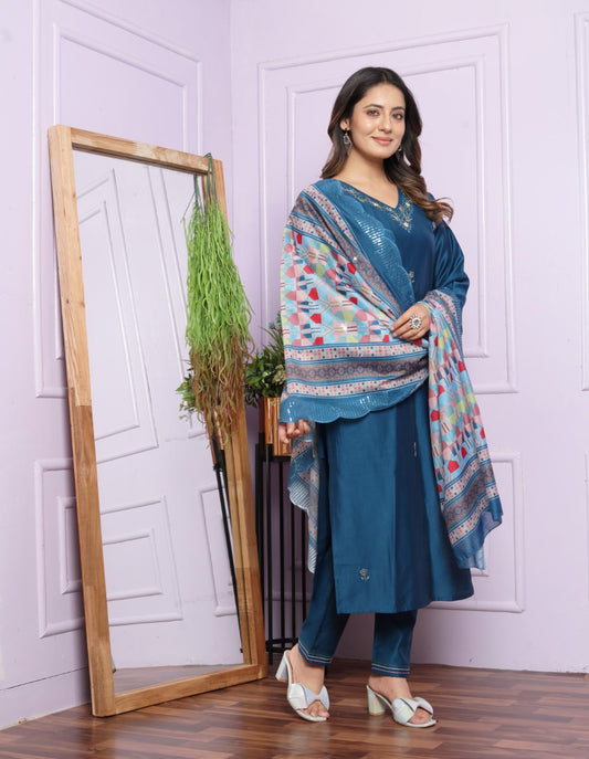 Buy Navy Blue V-Neck Muslin Kurti with Organza Dupatta