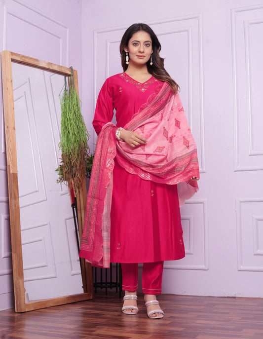 Shop Pink Round Neck Kurta with Straight Pant Set Online