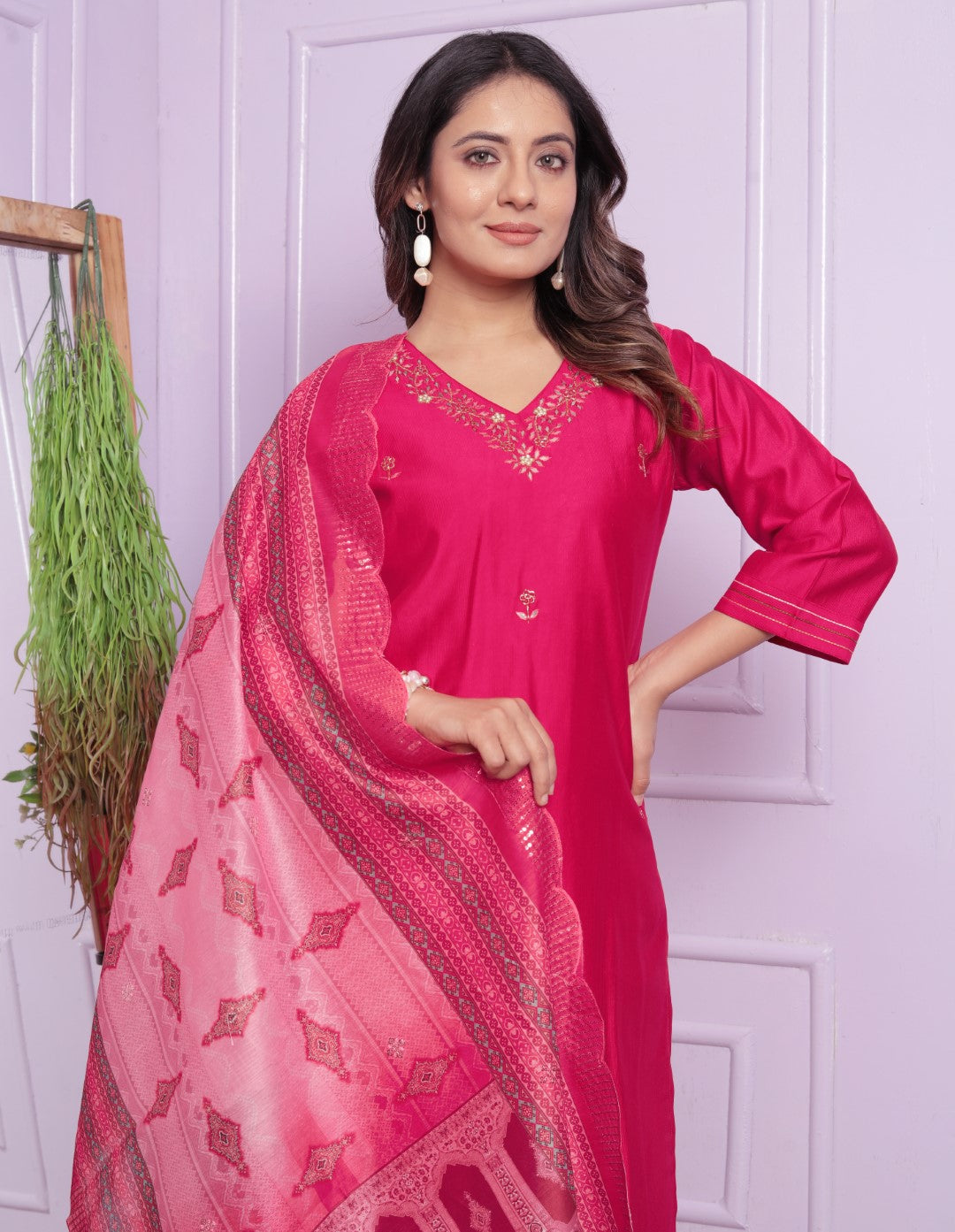 Shop Pink Round Neck Kurta with Straight Pant Set Online