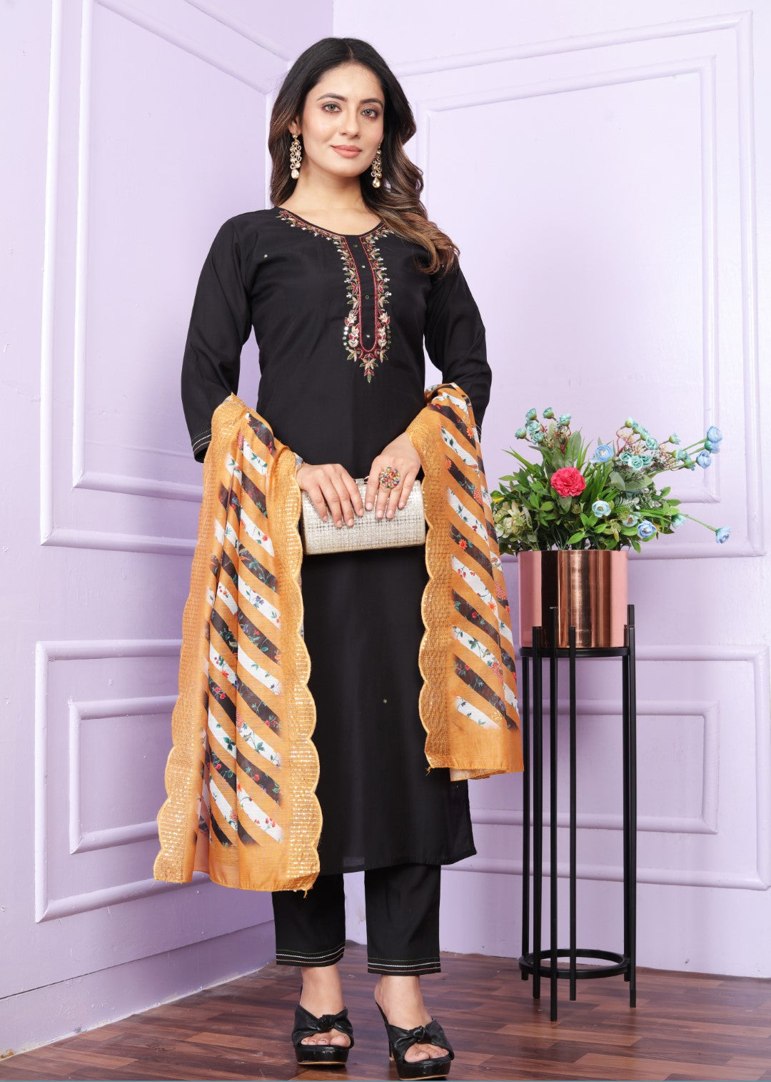 Shop Fancy Black Straight Pant Set Online | Vaanya Kurtis