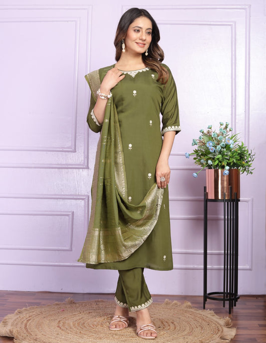 Buy Mehndi Green Viscose Silk Dupatta Set | Vaanya Kurtis