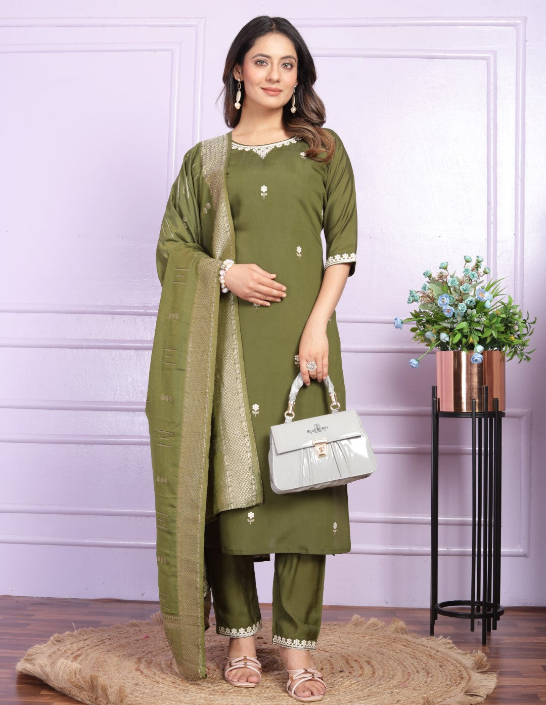 Buy Mehndi Green Viscose Silk Dupatta Set | Vaanya Kurtis