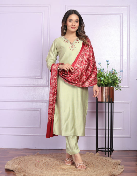 Buy Pista Green Ethic Wear Pant Set Online | Vaanya Kurtis