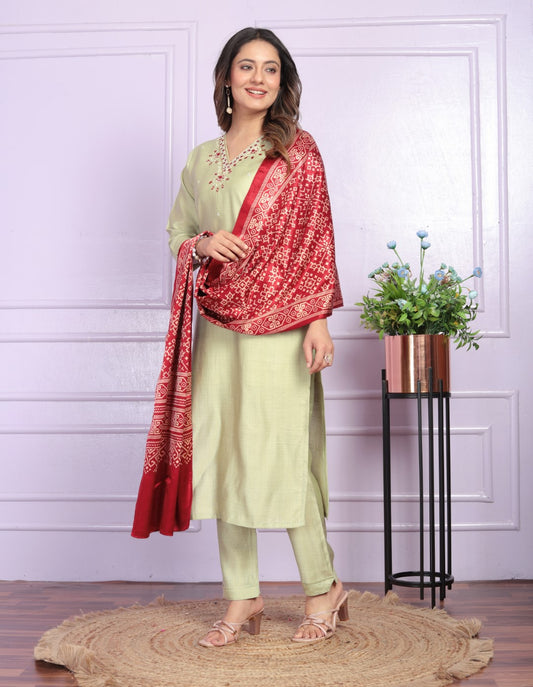 Buy Pista Green Ethic Wear Pant Set Online | Vaanya Kurtis