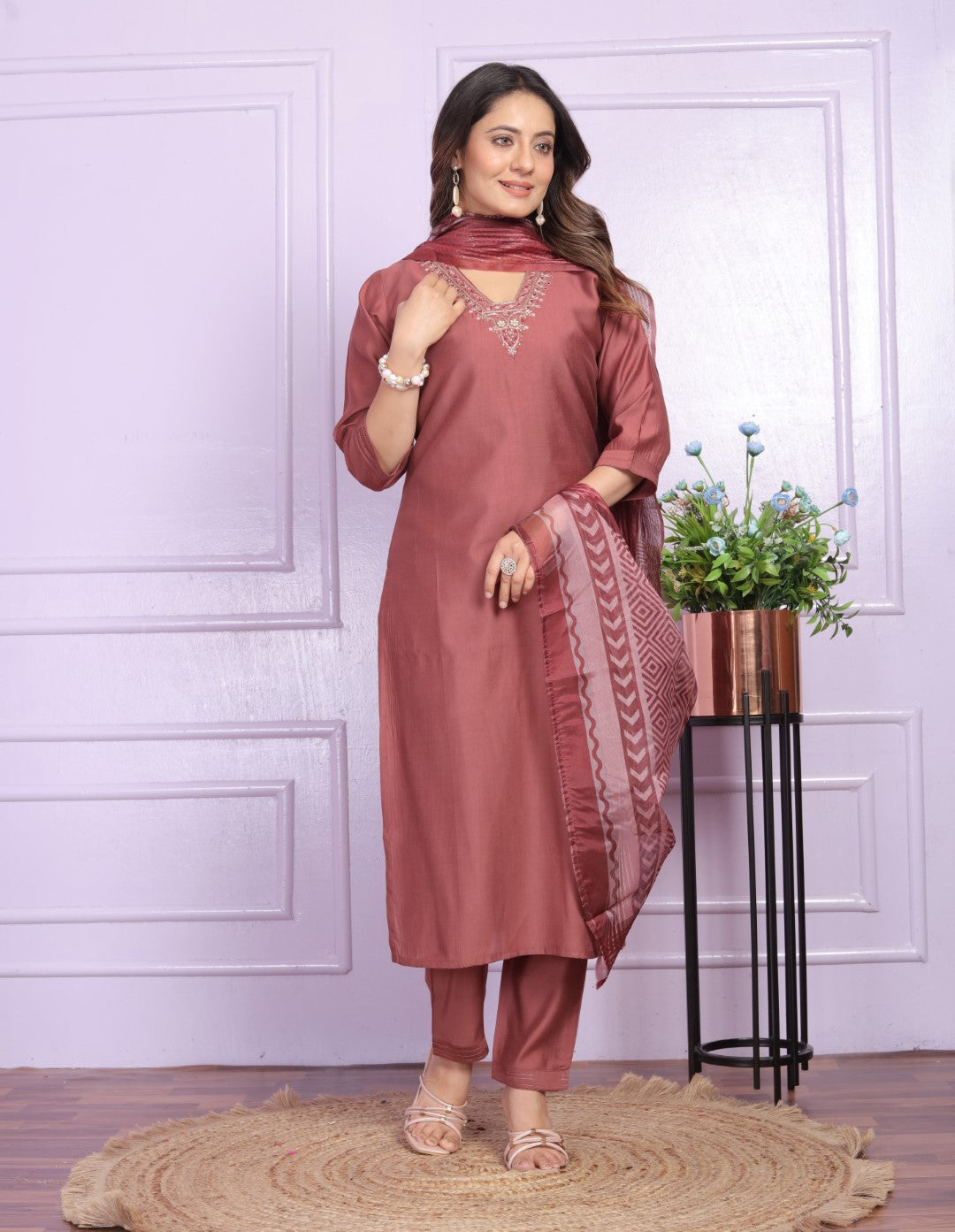 Buy Trending V-Neck Pant Set in Modal Silk | Vaanya Kurtis