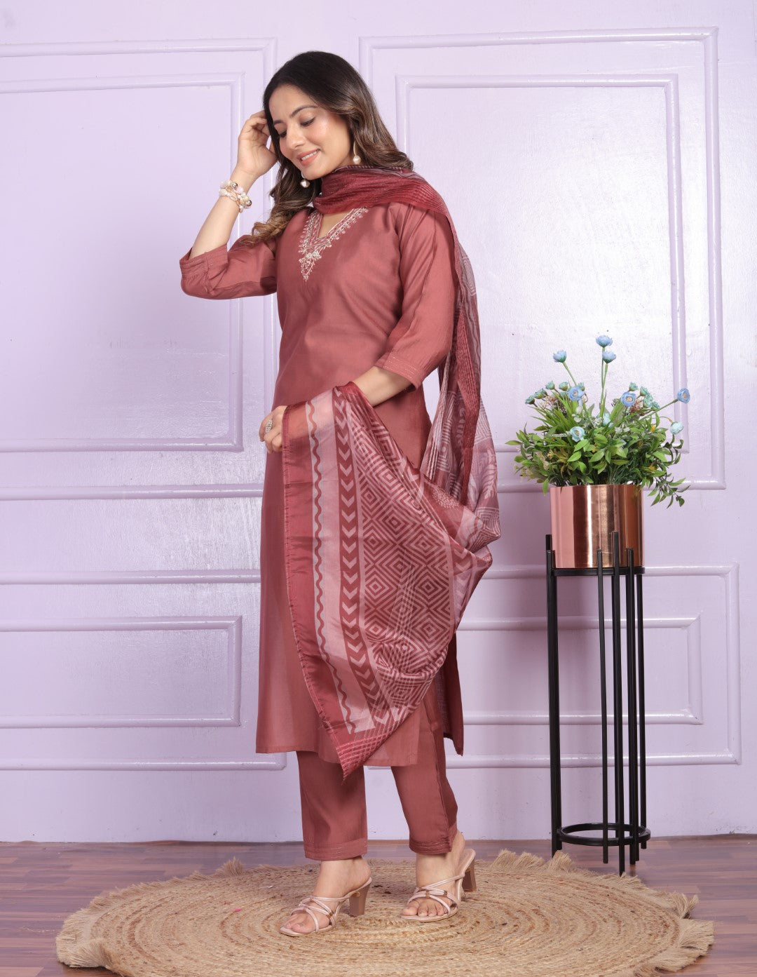 Buy Trending V-Neck Pant Set in Modal Silk | Vaanya Kurtis