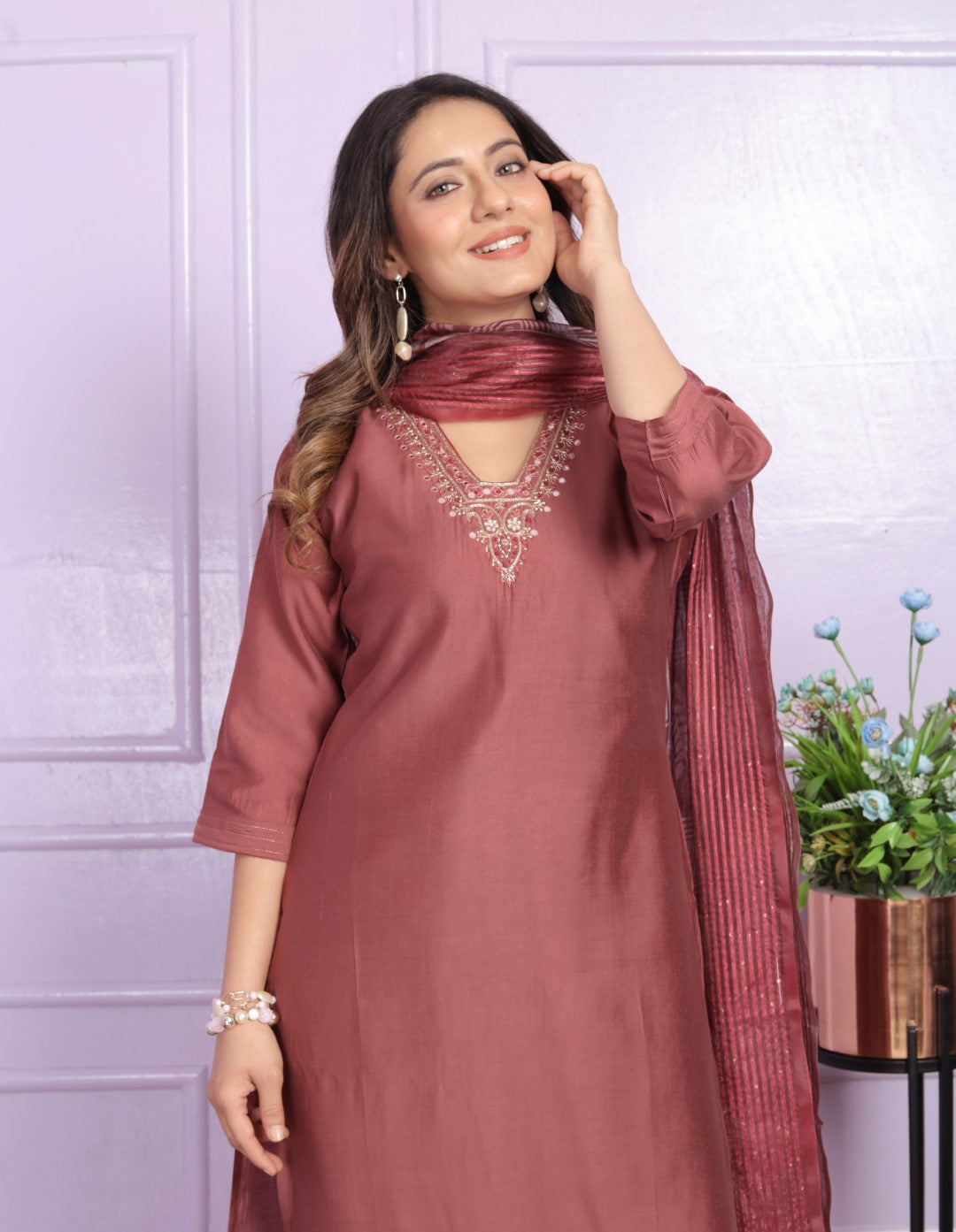 Buy Trending V-Neck Pant Set in Modal Silk | Vaanya Kurtis