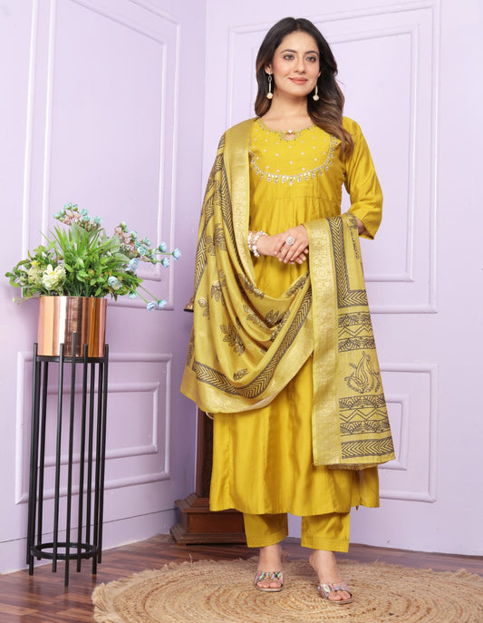 Shop Yellow Kurta With Side Cut Pants Online - Vaanya Kurtis