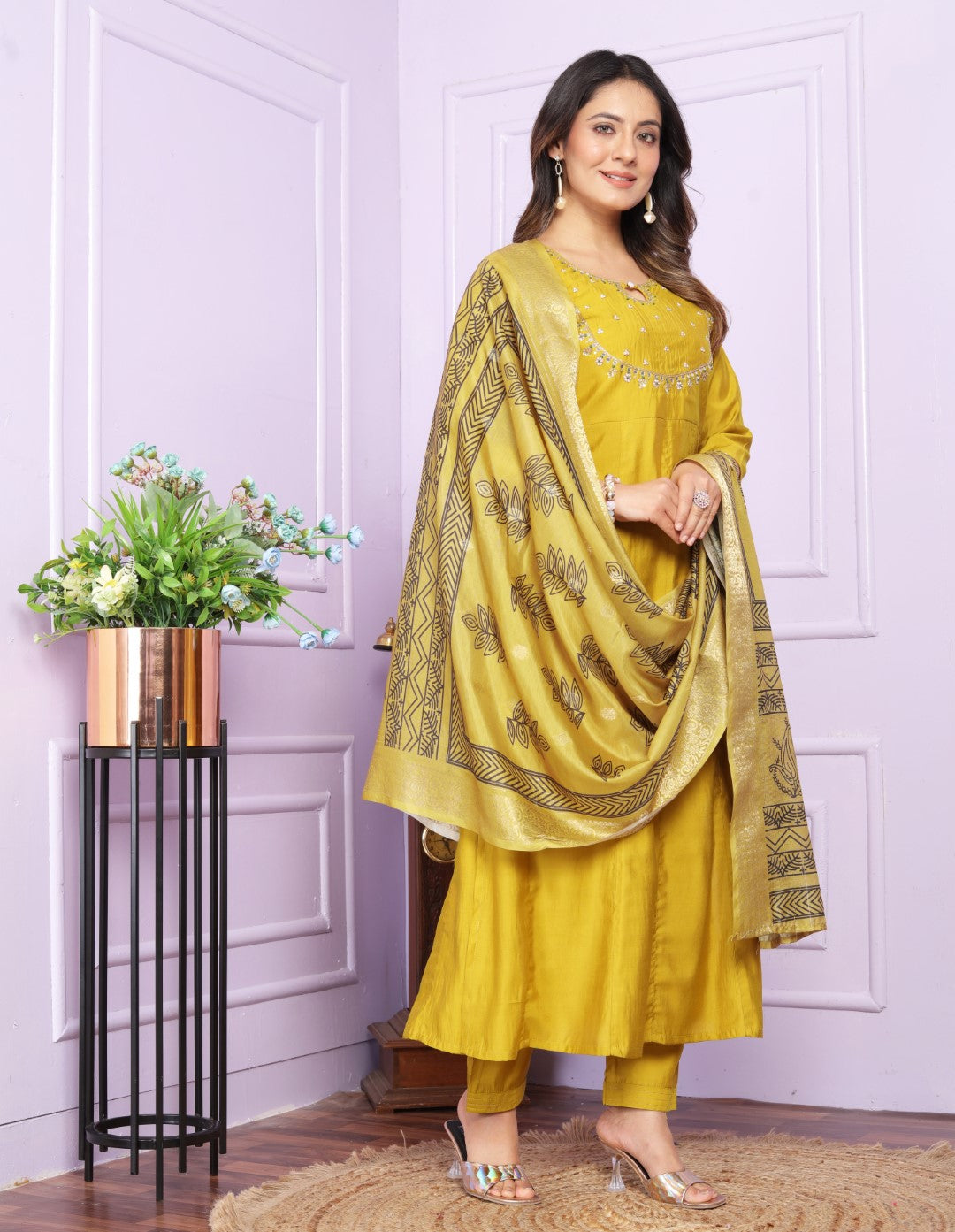 Shop Yellow Kurta With Side Cut Pants Online - Vaanya Kurtis