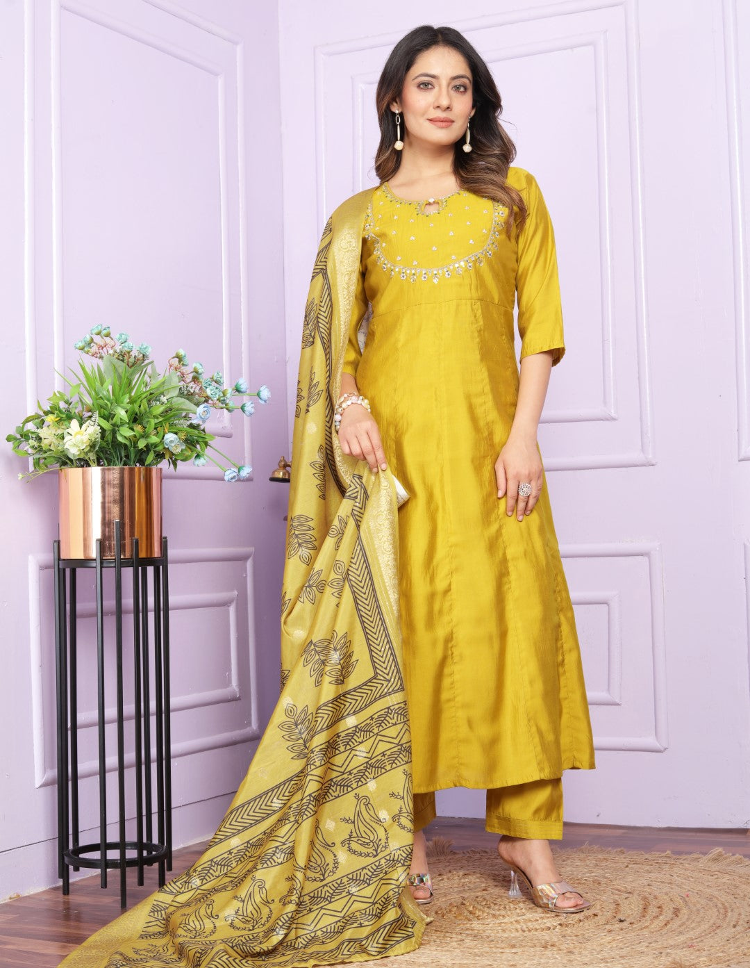 Shop Yellow Kurta With Side Cut Pants Online - Vaanya Kurtis